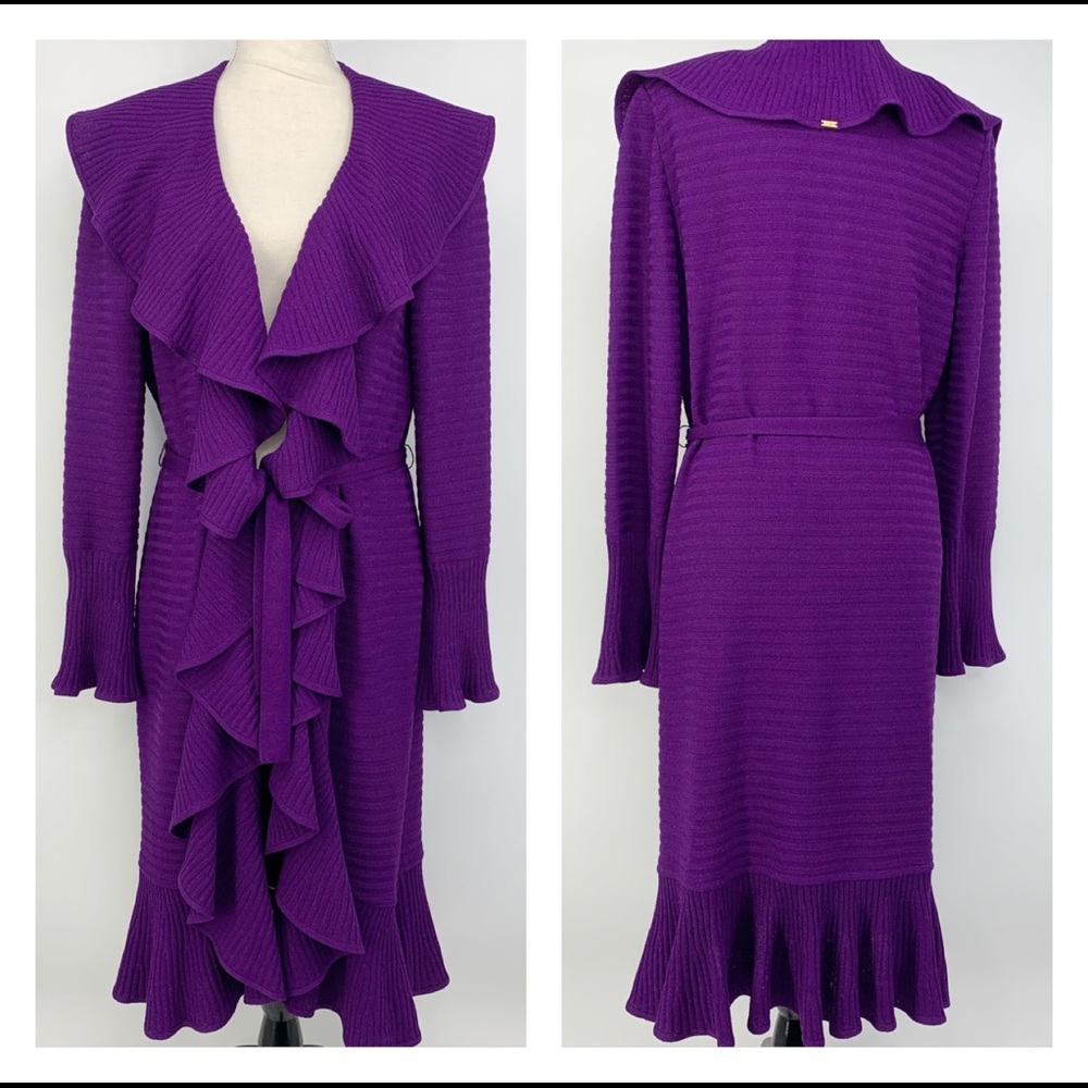 St. John long purple ruffle sweater cardigan large